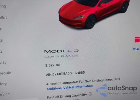 2025 Tesla Model 3 Long Range Rear-Wheel Drive/Standard z USA, uszkodzony, nr VIN 5YJ3E1EA0SF021585